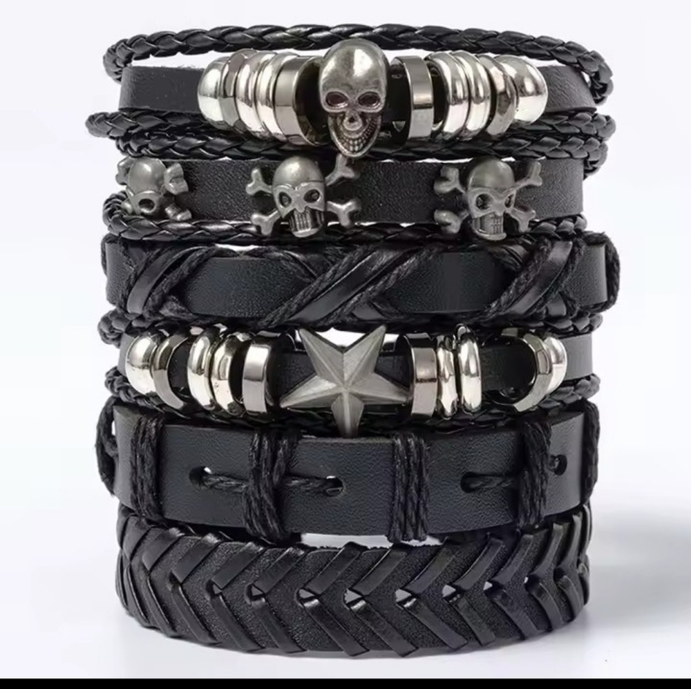 Men's Leather Bracelets Set Black Skulls‎ Stars Layered New f88